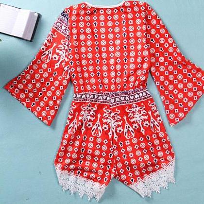 National Style Printing Women Lace V-neck Sexy..