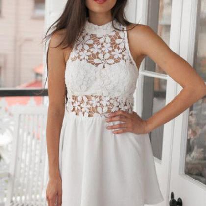 White Sleeveless Floral Crochet Lace Pleated Dress