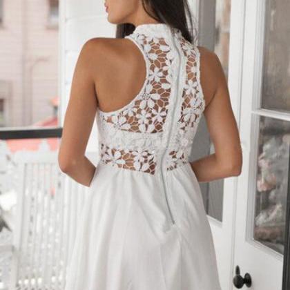 White Sleeveless Floral Crochet Lace Pleated Dress
